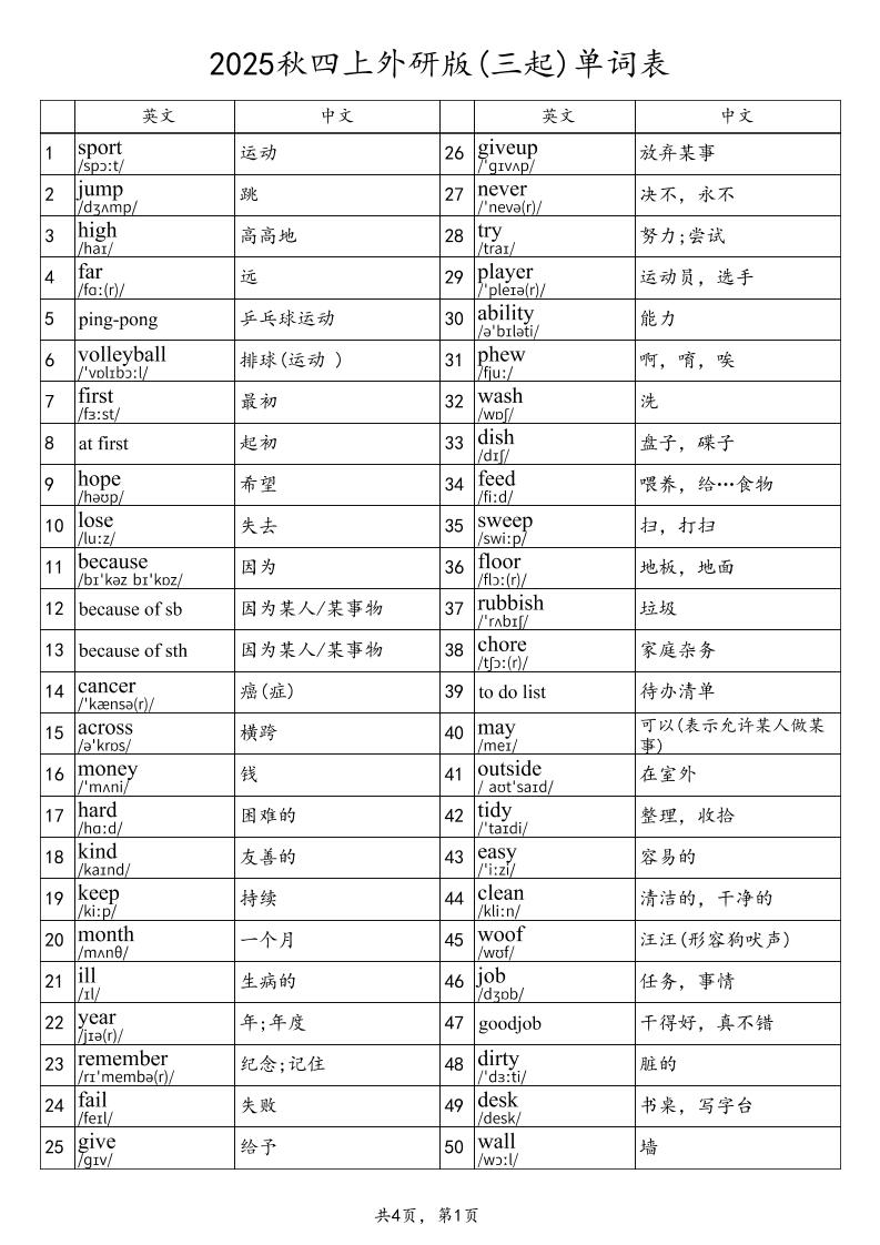 2025秋四上英语外研版(三起)单词表-超级会员网