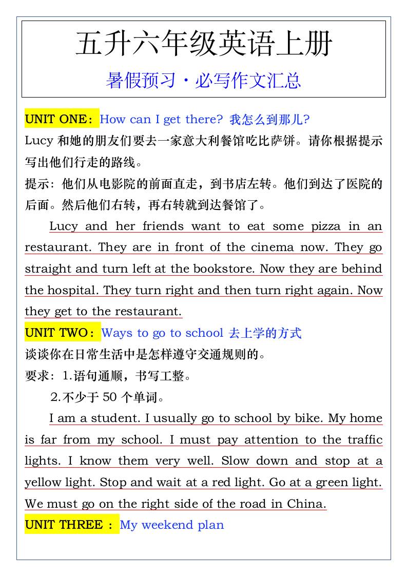 五升六年级英语上册暑假预习·必写作文汇总-六上英语-超级会员网