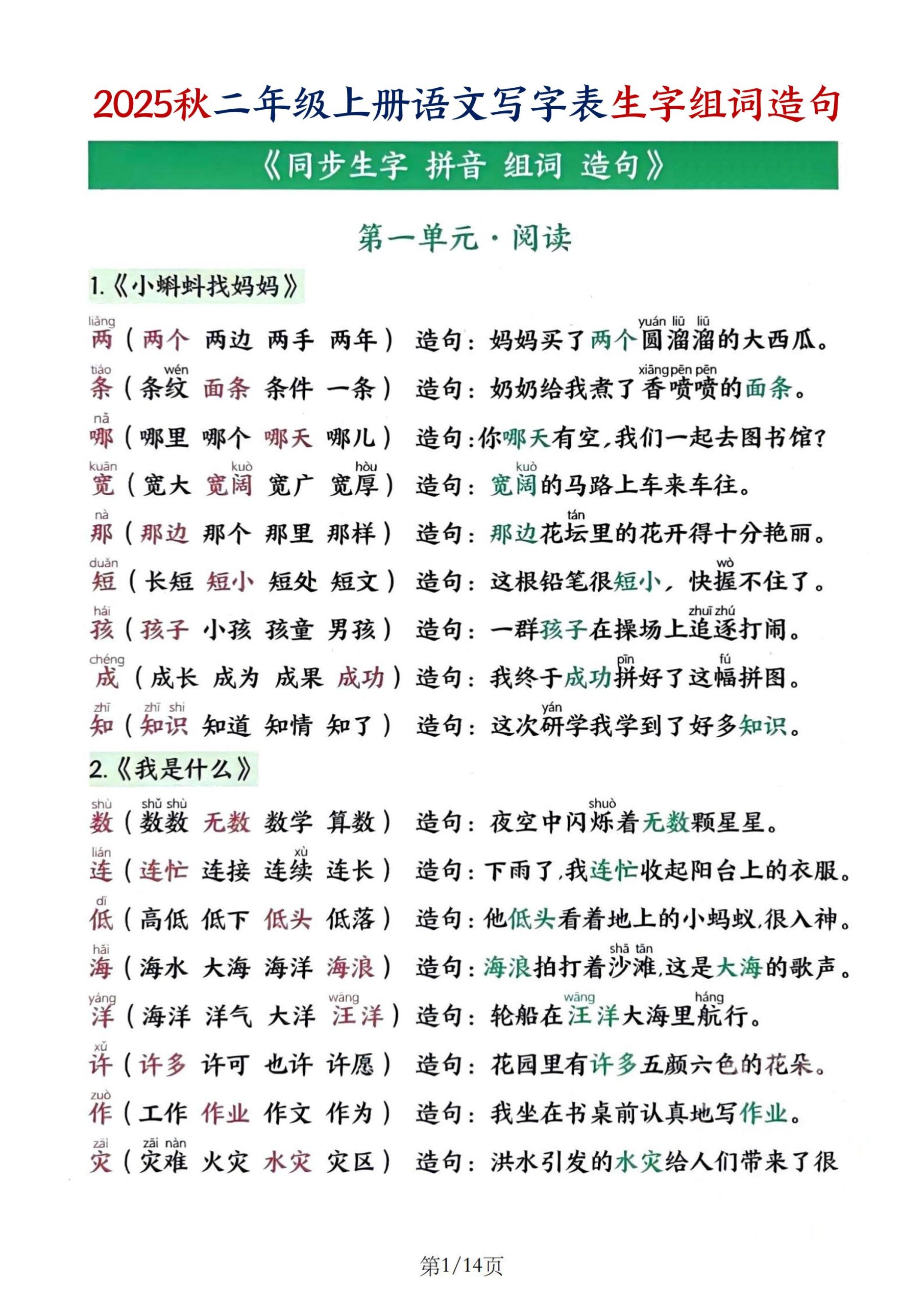 25秋二上语文写字表生字组词造句（14页）-超级会员网