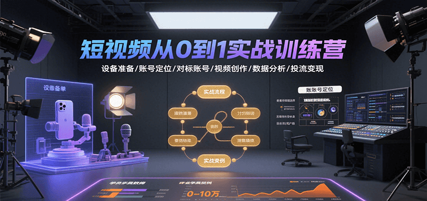 短视频从0到1实战训练营：设备准备/账号定位/对标账号/视频创作/数据分析/投流变现-超级会员网