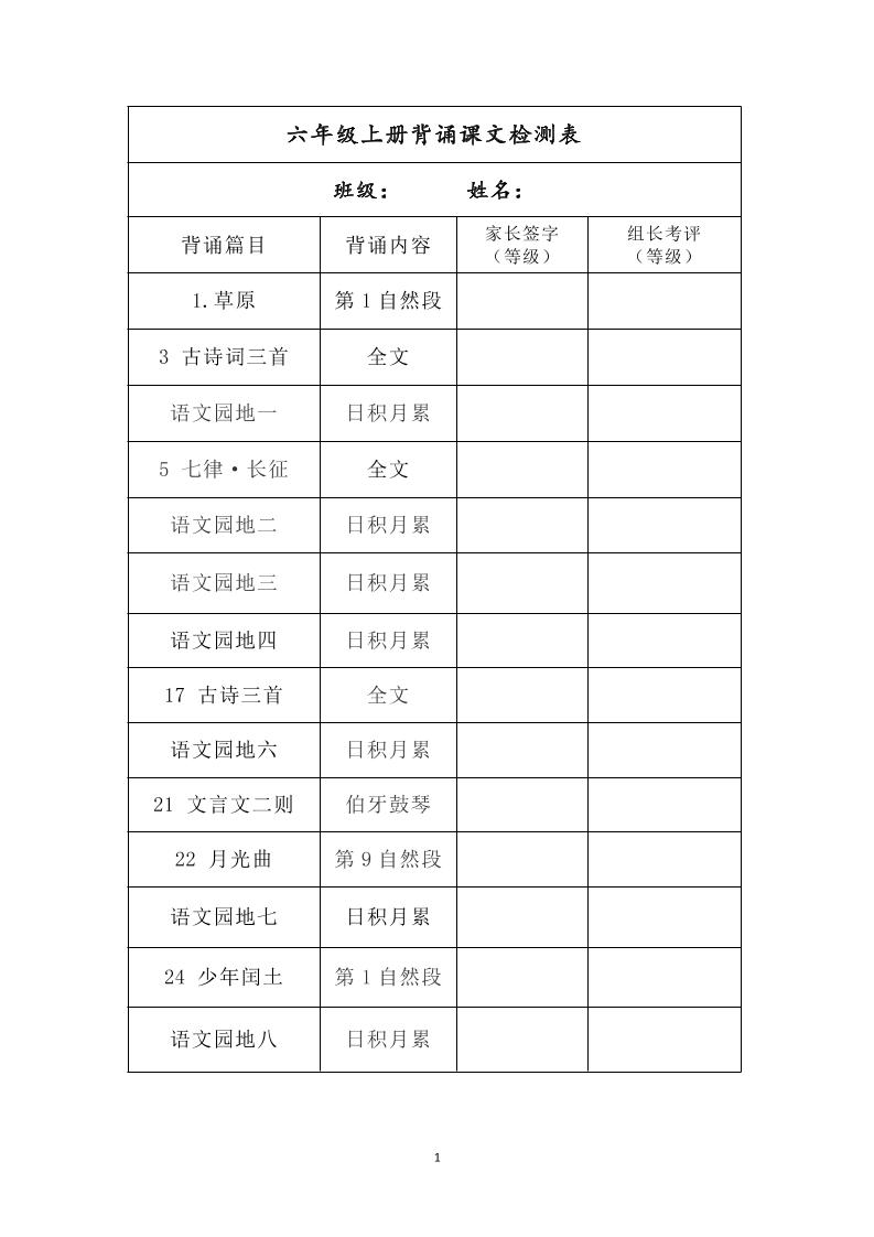 六年级上册背诵课文检测表及内容-语文-超级会员网