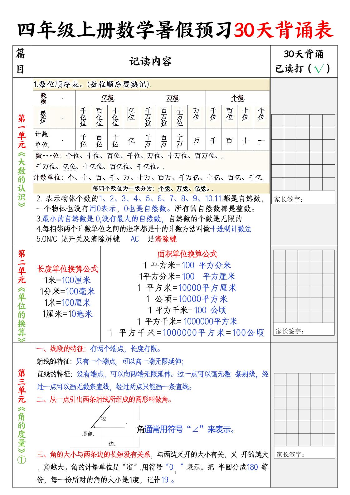 四上数学30天记录单-超级会员网