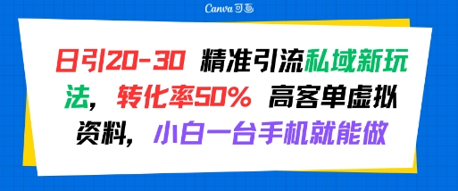 日引 20-30 精准引流私域新玩法，转化率50% 高客单虚拟资料，小白一台手机就能做-超级会员网