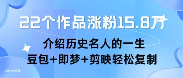 22个作品涨粉15.8W ，介绍历史名人的一生 ， 豆包+即梦+剪映轻松复制-超级会员网