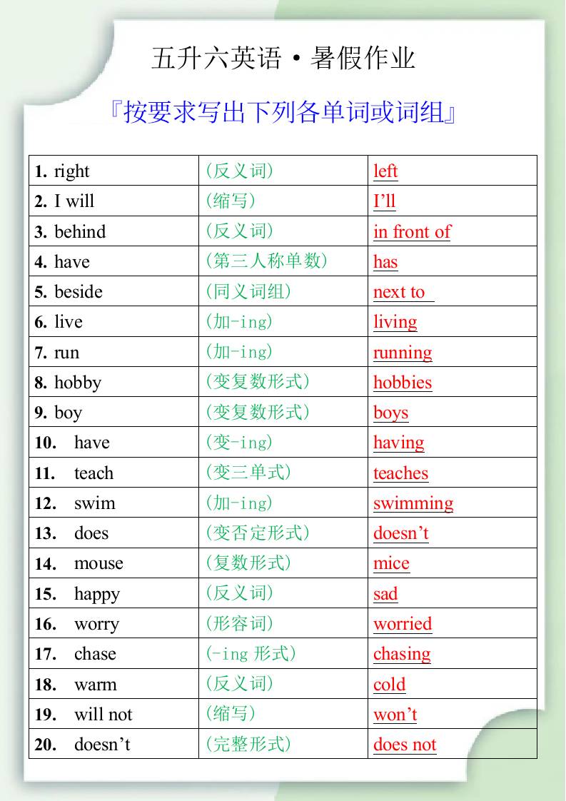 五升六英语暑假作业之按要求写出下列各单词或词组-六上英语-超级会员网
