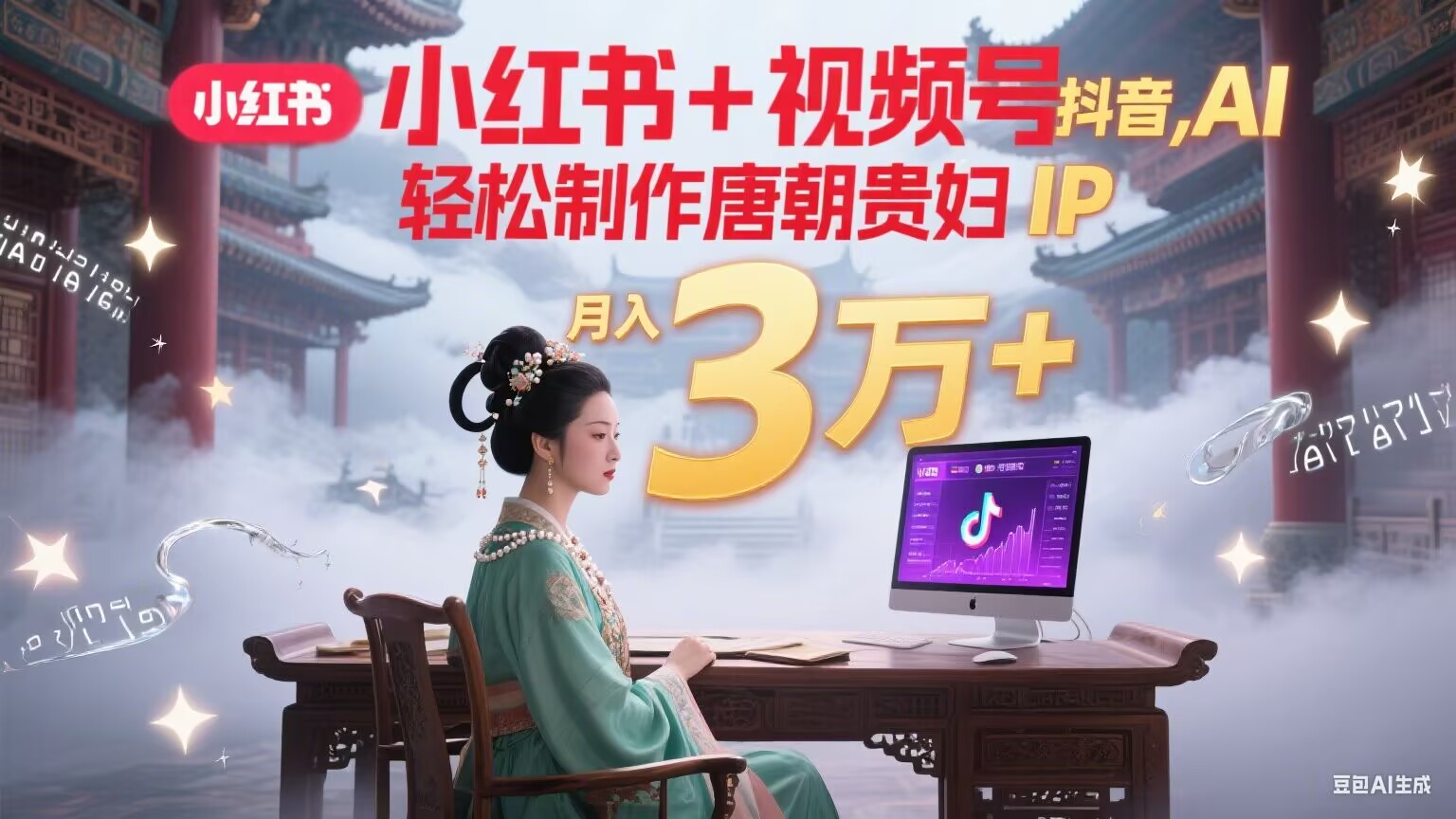 小红书+视频号+抖音，AI轻松制作唐朝贵妇IP，毒鸡汤、励志、减肥瘦身、养生赛道轻松切入，每天30分钟，轻松产出N条，月入3万+-超级会员网