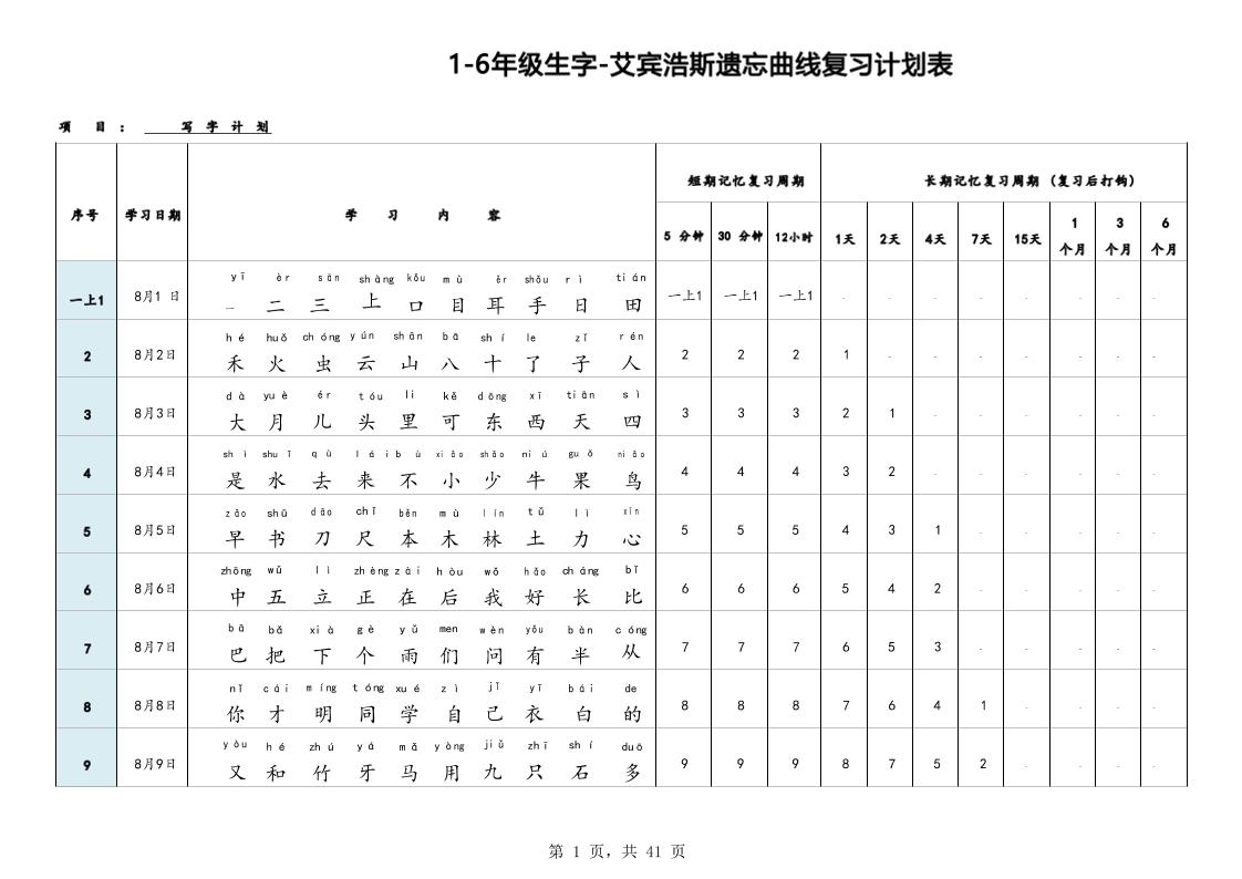 艾宾浩斯曲线生字表3500（1-6年级）-超级会员网