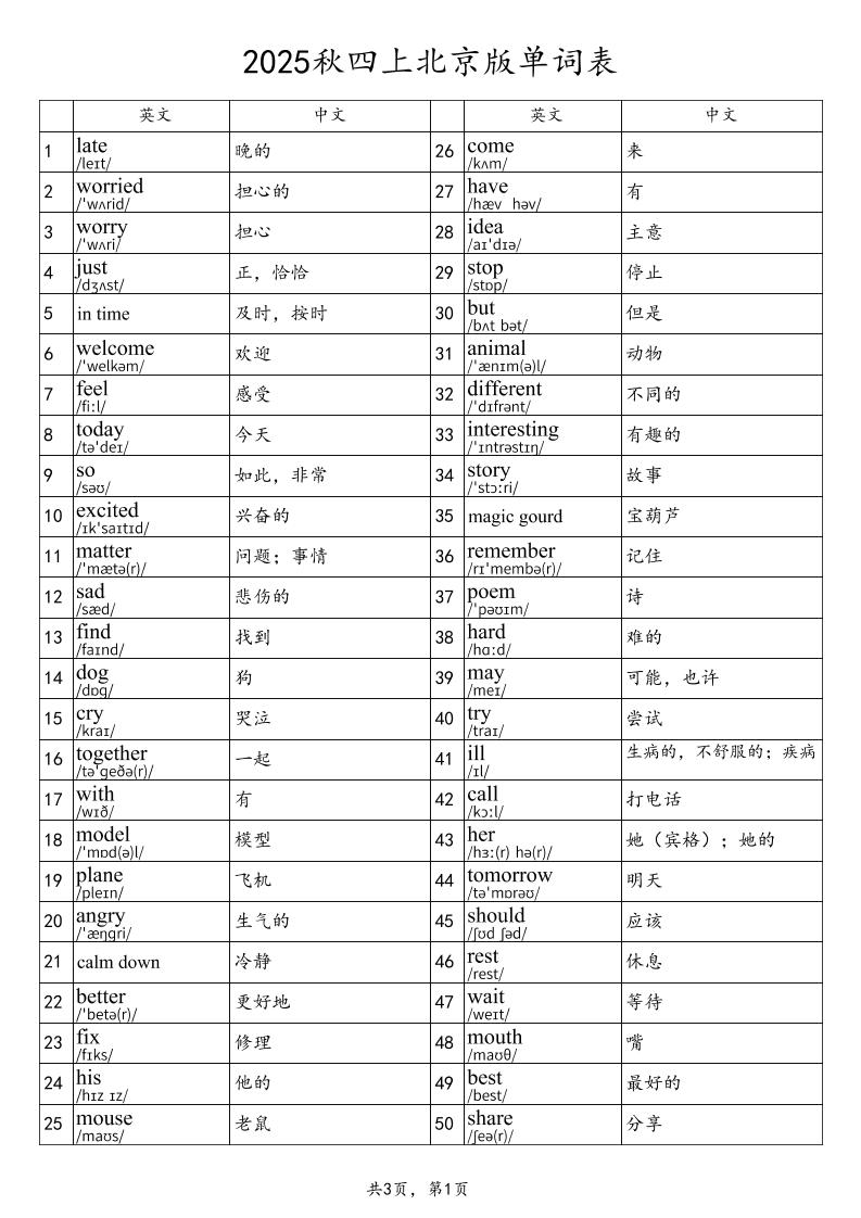2025秋四上英语北京版单词表-超级会员网
