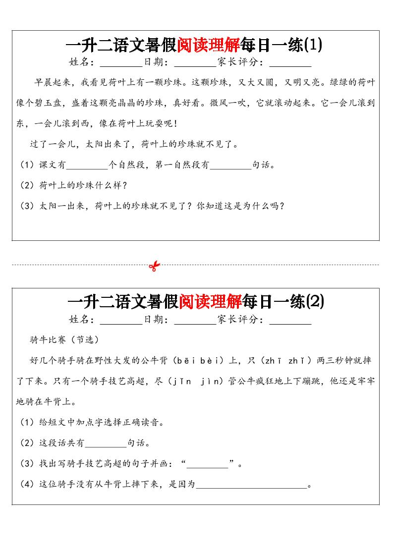 一升二语文暑假阅读理解每日一练32天（16页）-二上语文-超级会员网