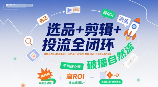 选品+剪辑+投流全闭环，破播自然流+撬动高ROI，手把手打通“选品-剪辑-测品-千川随心推”全链-超级会员网