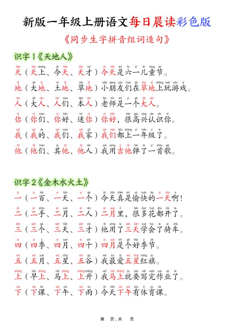 新版一年级上册语文每日晨读彩色版（生字拼音组词造句）19页-超级会员网