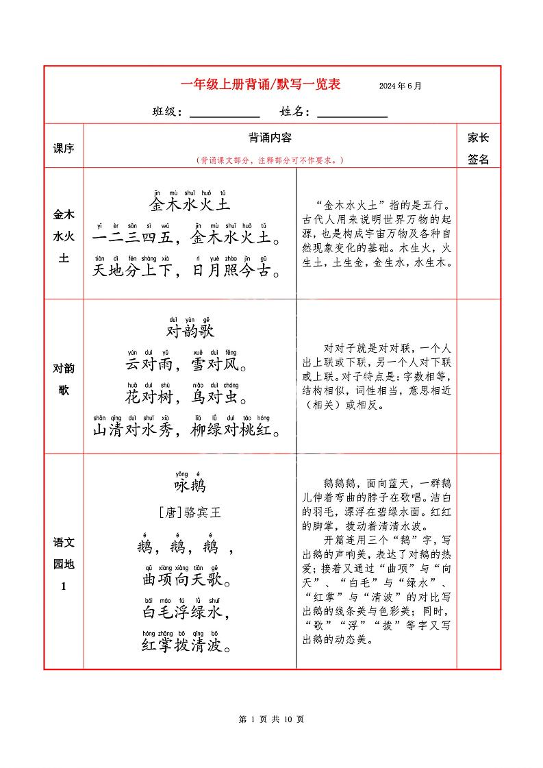 一上语文必背内容+默写表-超级会员网