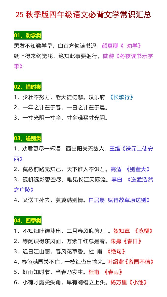 【2025秋新版】四年级语文上册必背文学常识汇总-超级会员网