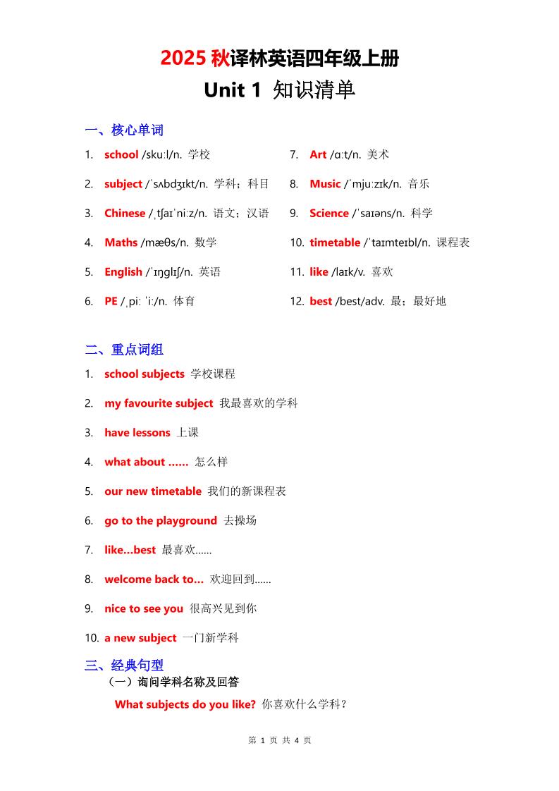 2025秋译林英语四上Unit1知识清单-超级会员网