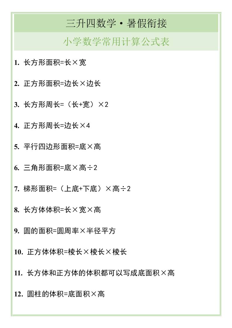 三升四暑假衔接，小学数学常用计算公式表-四上数学-超级会员网