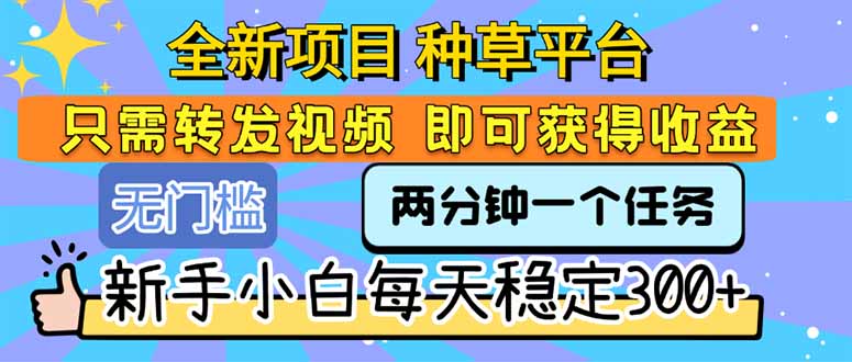 全新项目 种草平台 只需要转发任务视频 即可获得收益 新手小白每天300+-超级会员网