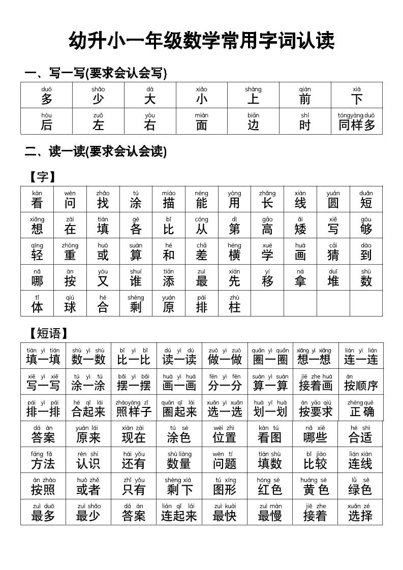 幼小衔接数学常用字词认读-超级会员网