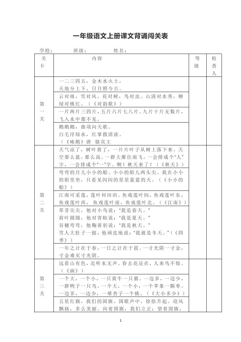 一年级上册语文背诵课文内容及闯关表-超级会员网