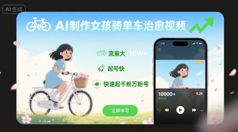 AI制作女孩骑单车治愈视频，流量大，起号快，快速起千粉万粉号-超级会员网