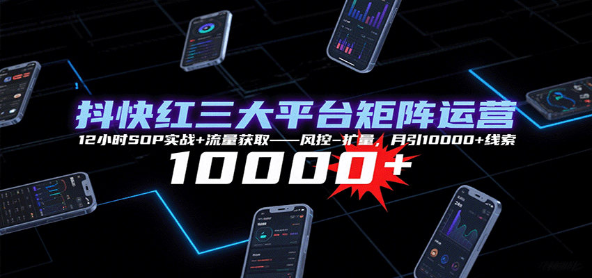 抖快红三大平台矩阵运营，12小时SOP实战+流量获取-风控-扩量，月引10000+线索-超级会员网