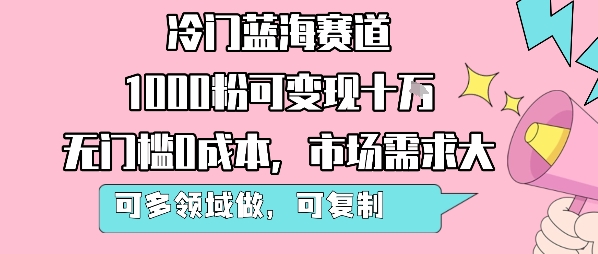 冷门蓝海赛道，1000粉可变现十W，无门槛0成本，市场需求大，可多领域做，可复制性强-超级会员网