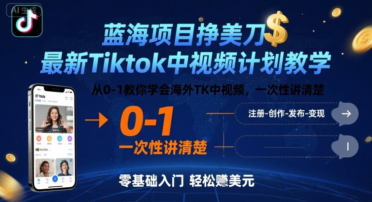 蓝海项目挣美刀，最新Tiktok中视频计划教学，从0-1教你学会海外TK中视频，一次性讲清楚-超级会员网