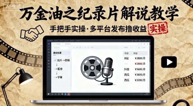 万金油之纪录片解说教学，手把手教你，完全实操，多平台发布撸收益-超级会员网