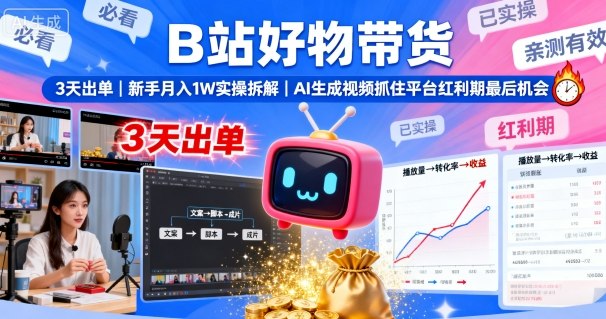 B站好物带货，3天出单，新手月入1W实操拆解，AI生成视频，抓住平台红利期最后机会-超级会员网