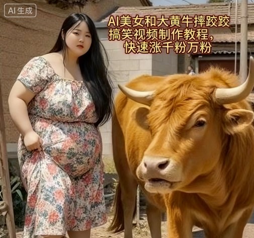 AI美女和大黄牛摔跤搞笑荒诞视频制作教程，快速涨千粉万粉-超级会员网