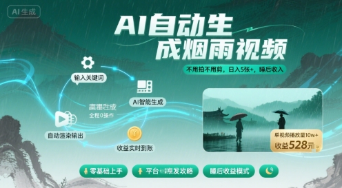 不用拍不用剪！AI自动生成烟雨视频，日入5张+，睡后收入-超级会员网
