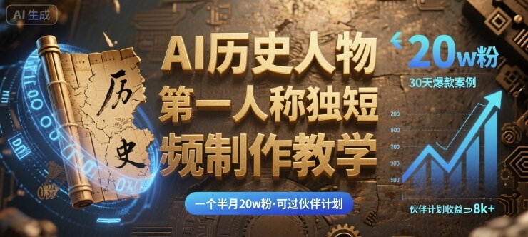 最新AI历史人物第一人称独白短视频制作教学，一个半月20w粉，可过伙伴计划-超级会员网