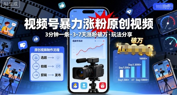 视频号暴力涨粉原创视频，3分钟一条原创视频，3-7天涨粉破万，玩法分享给你-超级会员网