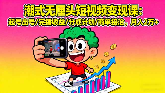 潮式无厘头短视频变现课：起号出号/完播收益/分成计划/商单接洽，月入2万+-超级会员网