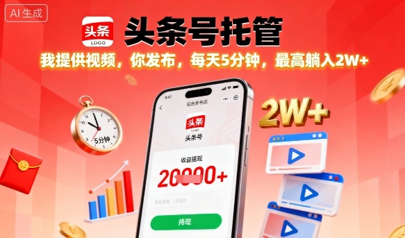 【头条号托管】我提供视频，你发布，每天5分钟，最高躺入2W+【揭秘】-超级会员网