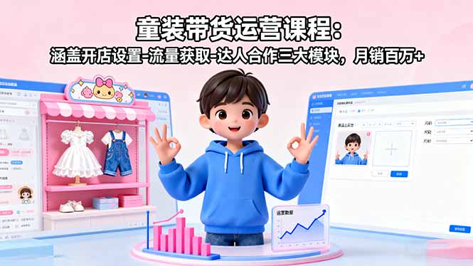 童装带货运营课程：涵盖开店设置-流量获取-达人合作三大模块，月销百万+-超级会员网