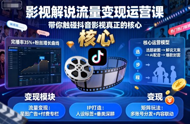 影视解说流量变现运营课，带你触碰抖音影视真正的核心-超级会员网