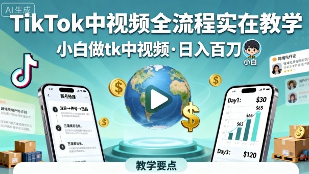 TikTok中视频全流程实操教学，小白做tk中视频，日入百刀-超级会员网