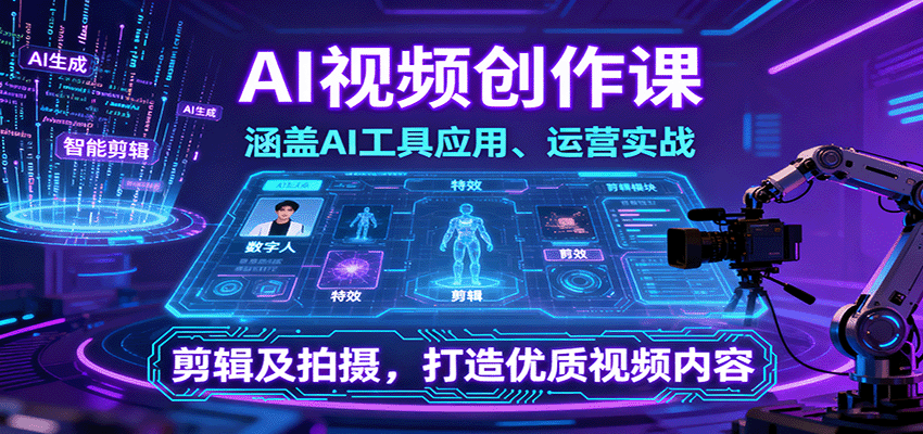 AI视频创作课，涵盖AI工具应用、运营实战、剪辑及拍摄，打造优质视频内容-超级会员网