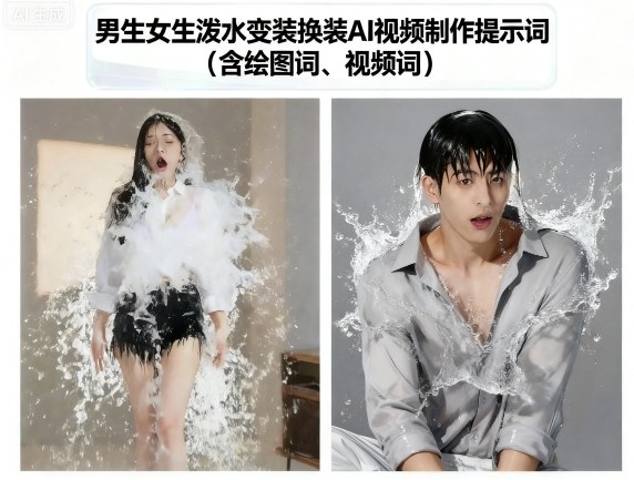男生女生泼水变装换装AI视频制作提示词(含绘图词、视频词)-超级会员网