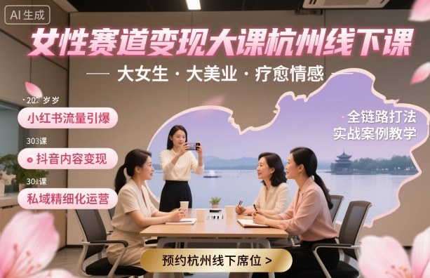 女性赛道变现大课杭州线下，大女生，大美业，疗愈情感，一套小红书、抖音、私域全链路打法-超级会员网