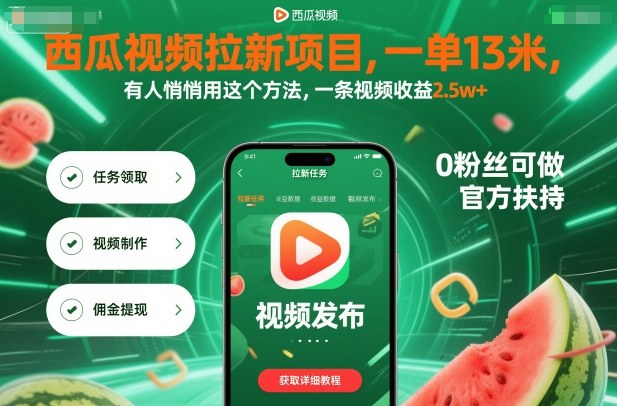 西瓜视频拉新项目，一单13米，有人悄悄用这个方法，一条视频收益2.5w+(附详细教程)-超级会员网