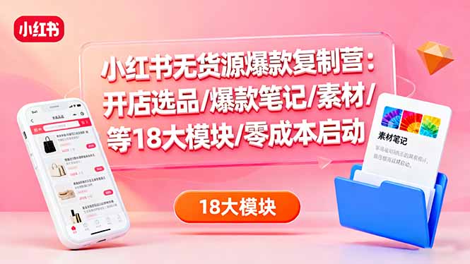 小红书无货源爆款复制营：开店选品/爆款笔记/素材/等18大模块/零成本启动-超级会员网