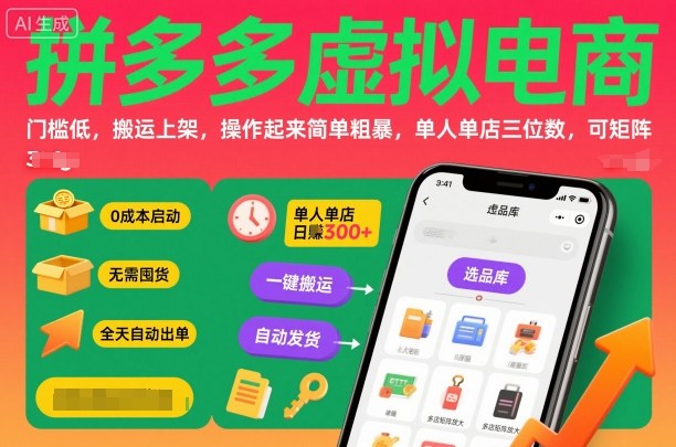 拼多多虚拟电商，门槛低，搬运上架，操作起来简单粗暴，单人单店三位数，可矩阵-超级会员网