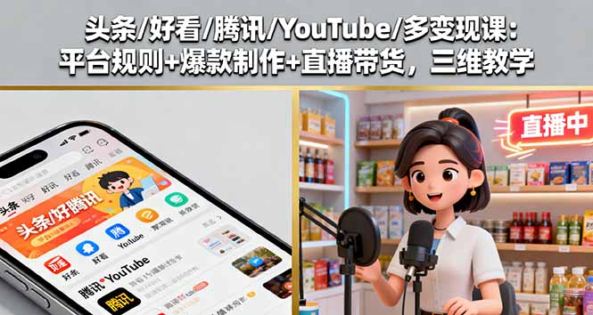 头条/好看/腾讯/YouTube/多变现课：平台规则+爆款制作+直播带货，三维教学-超级会员网
