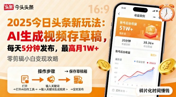 2025年今日头条躺賺新玩法，AI生成视频存草稿，每天5分钟发布，最高月1W+【揭秘】-超级会员网