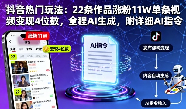 抖音热门玩法：22条作品涨粉11W单条视频变现4位数，全程AI生成，附详细AI指令-超级会员网