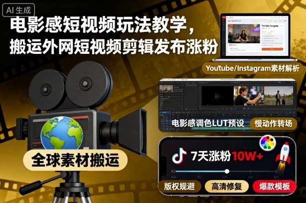 电影感短视频玩法教学，搬运外网短视频剪辑发布涨粉-超级会员网