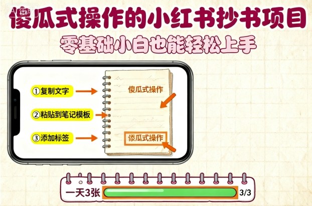 傻瓜式操作的小红书抄书项目，会复制粘贴就行，零基础小白也能一天3张-超级会员网