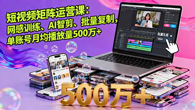 短视频矩阵运营课：网感训练、AI智剪、批量复制，单账号月均播放量500万+-超级会员网