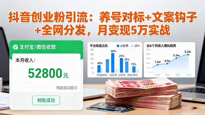 抖音创业粉引流：养号对标+文案钩子+全网分发，月变现5万实战-超级会员网